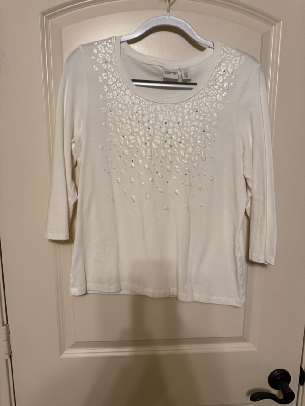 Chico's Cream Long Sleeve Scoop Neck Top with Bead & Sequin Detail
